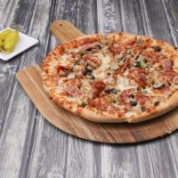 Pro-Special Pizza · Pepperoni, ham, beef, sausage, onions, peppers, mushrooms and olives.