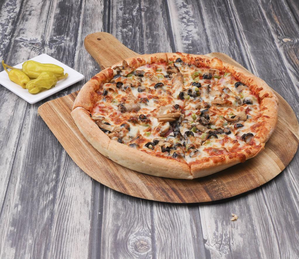 Veggie Pizza · Onions, peppers, mushrooms and olives.