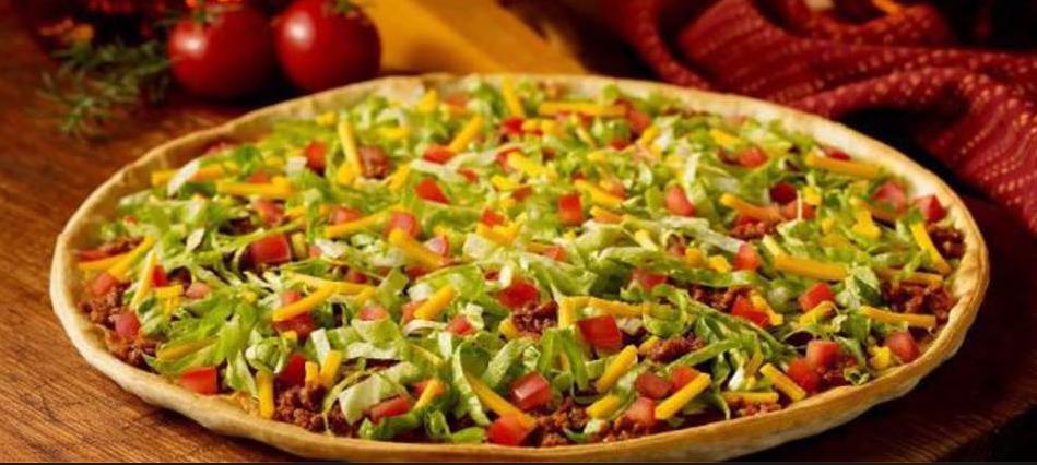 Taco Pizza · Thin crust with picante sauce, beef and taco seasoning, topped with lettuce and cheddar.