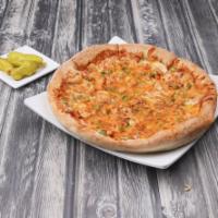 Chicken Fajita Pizza · Thin crust with picante sauce, chicken, Mexican seasoning, onions, peppers and cheddar.