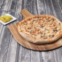 Garlic Chicken Pizza · Garlic sauce based pizza with chicken our Parmesan spice blend, mushrooms and onions.