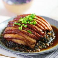 Braised Pork Belly · slow cooked pork belly, preserved mustard greens,  rice wine, dark soy