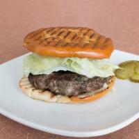 House Burger · Homemade beef or chicken patty with lettuce, tomato, pickles, and onions. 