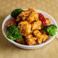 S6. General Tso's Chicken · Tender and crispy chicken chunks with spicy glazed sauce served with steamed broccoli at the...