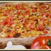 Chicken Bacon Ranch Pizza · Topped with grilled chicken, bacon, cheddar cheese, tomatoes, red onions and creamy ranch sa...