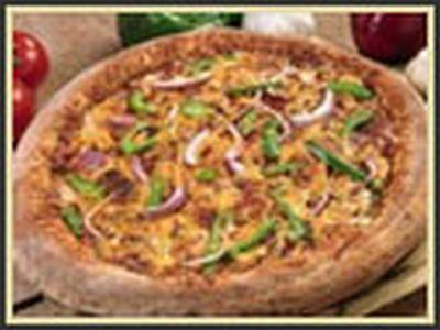 Smokin' Sweet BBQ Pizzac · Topped with smokin' sweet BBQ sauce, grilled chicken, bacon, green peppers, red onions and cheddar cheese.