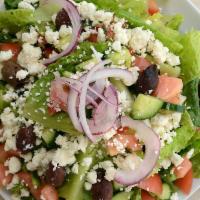 Greek Salad · Romaine lettuce, tomatoes, onions and Greek dressing topped with feta cheese and Kalamata ol...