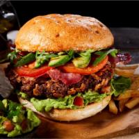 Border Burger · Half pound beef patty, avocado, bacon, tomato, onion, lettuce, pepper jack cheese, chipotle ...