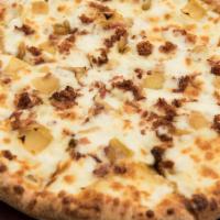 Mac N Cheese Pizza · Elbow macaroni, caramelized onions, bacon, cream sauce, mozzarella cheese, Parmesan cheese a...