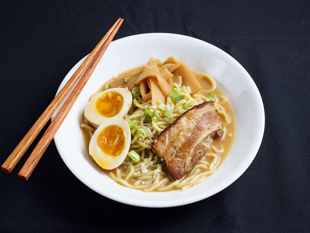 The 'Tampopo' Ramen Classic by China Live Signatures · By China Live Signatures. Organic ramen with braised pork belly, tea infused egg, and menma in a soyu-miso-katsu blended broth. Contains gluten, soy, fish, and eggs. We cannot make substitutions.