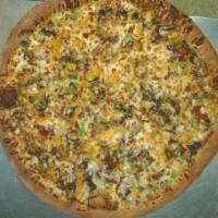 Steak Pizza · Slices of sirloin steak with onions, mushrooms, green peppers and a touch of hot peppers cov...