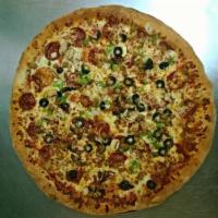 Everything Pizza · Pepperoni, sausage, mushrooms, onions, black olives, green peppers and extra mozzarella chee...