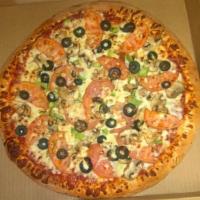Veggie Pizza · Mushrooms, onions, green peppers, black olives, fresh sliced tomatoes and extra cheese on Ci...
