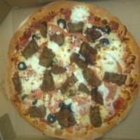 Gyro Pizza · Diced gyro meat, onion, black olives, feta cheese, diced tomatoes and tzatziki sauce on ligh...