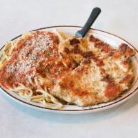 Chicken Siciliano · Generous portion of boneless breaded grilled chicken breast Served with Spaghetti & meat sau...
