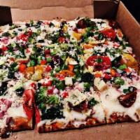 Veggie Lovers Pizza · Roasted tomato sauce, mushroom, onion, peppers tomato, and black olive.