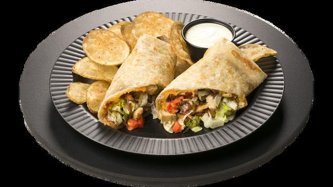 Bacon Chicken Wrap · Diced chicken, bacon, mozzarella cheese, lettuce, tomato and Ranch Dressing. Served with Ranch Chips.
