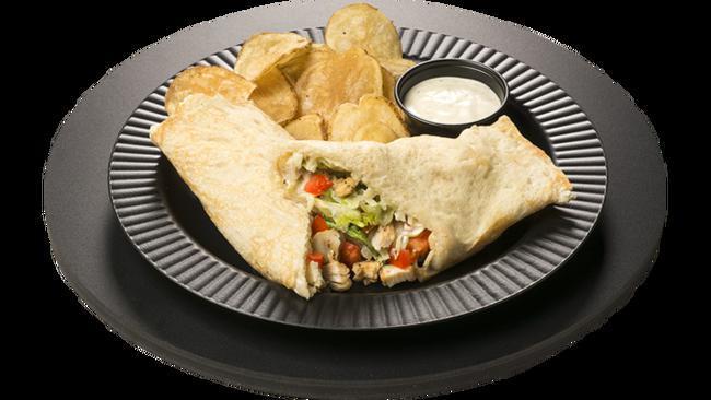 Caesar Wrap · Diced chicken, mozzarella cheese, lettuce, tomato, and Caesar dressing.  Served with Ranch Chips