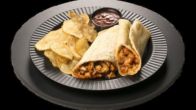 BBQ Wrap · BBQ Chicken, red onions and mozzarella cheese. Served with Ranch Chips.
