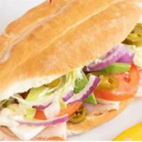 Sliced Turkey Breast Torta · Mayonnaise, fresh cheese, jalapenos, red onions, tomatoes, lettuce, and avocado.