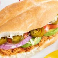 Spicy Chicken Sandwich · Torta a la madrid. Marinated spicy chicken, chipotle mayo, jalapenos, red onions, tomatoes, ...