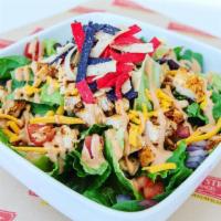 Southwest Salad with Meat · Fresh cut romaine, black beans, corn, cheddar cheese, cilantro, onion, tomato, tortilla chip...