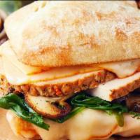 Chicken  Mushrooms Panini  · Ciabatta bread,Muenster cheese, sautéed mushrooms, arugula, mix Spanish, mayonnaise, mustard 