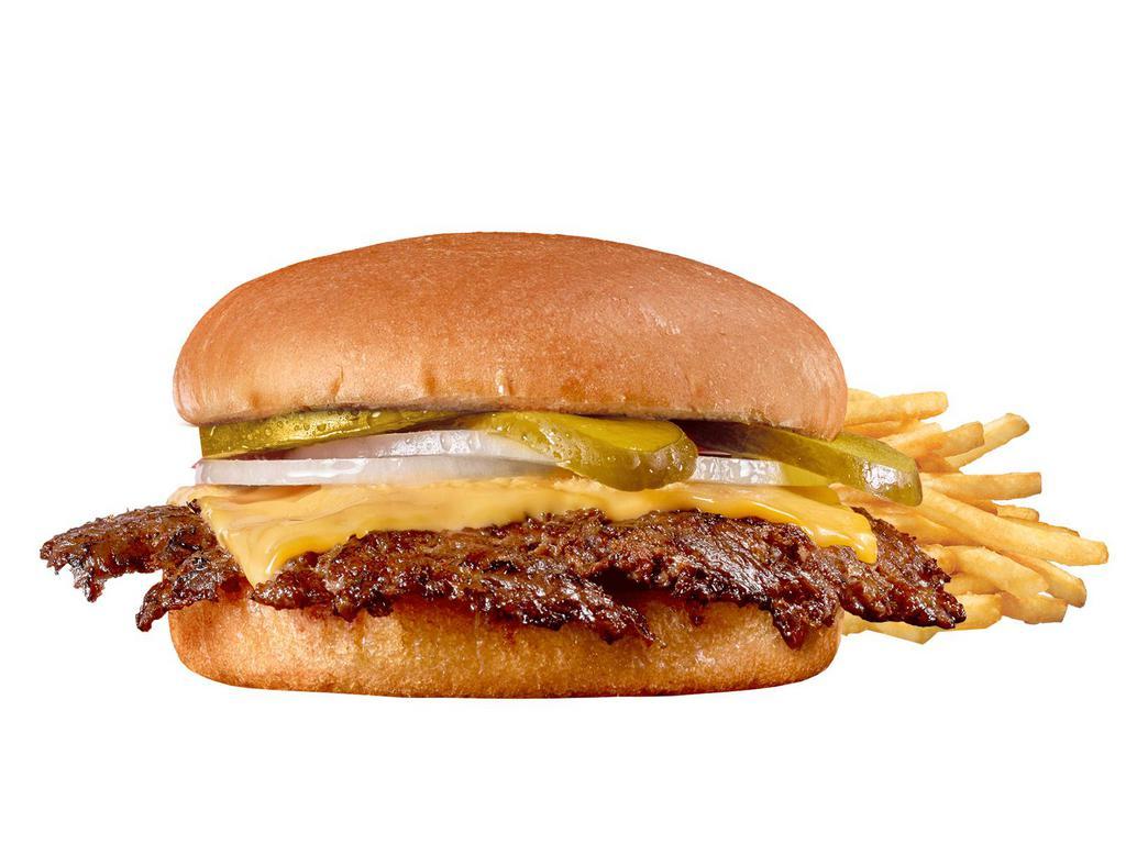 Single 'n Cheese Steakburger 'n Fries · American cheese, lettuce, tomato, pickles, onions, mayo, and Heinz® ketchup.