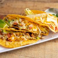 3 Hard Shell Tacos · Tex Mex. Ground beef, chicken or pork. With lettuce, diced tomato mix (pico de gallo), shred...