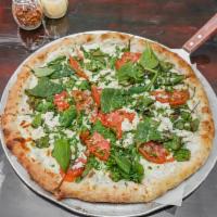 White Pizza · Fresh spinach, garlic , tomatoes, ricotta cheese base with herbs cheese.