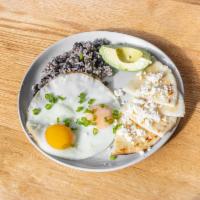 Calentado · sunny huevos, handmade arepa, queso, avocado, rice, frijoles negros