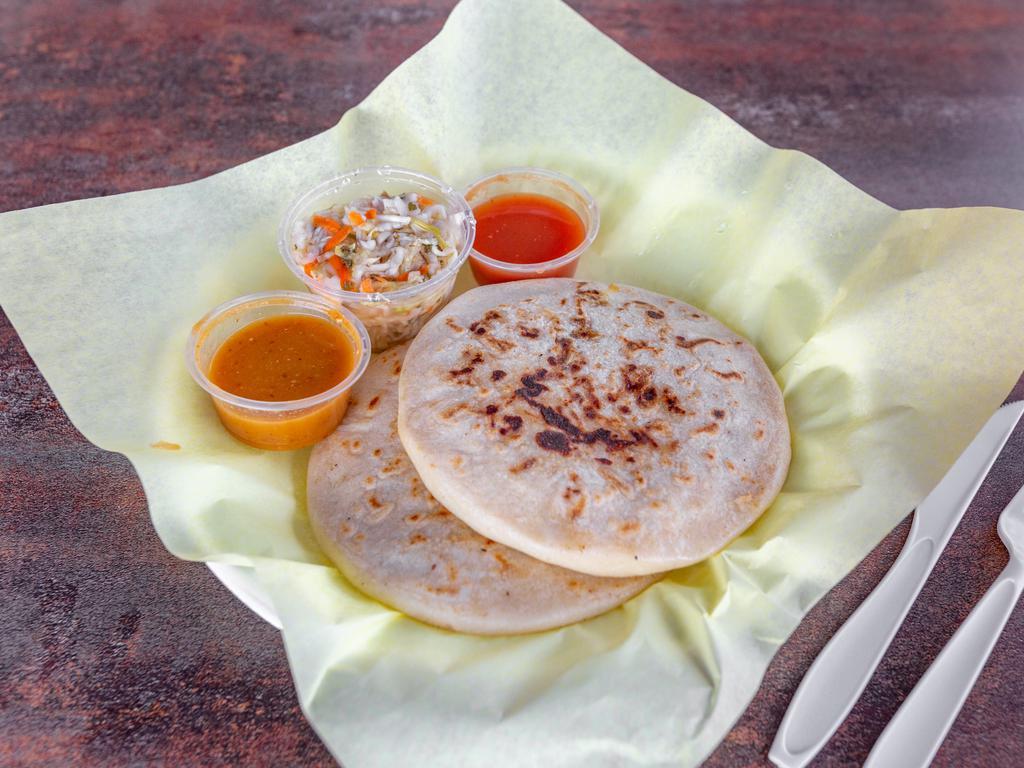 Pupusas · A hand-crafted Salvadoran thick corn tortilla stuffed with your choices below. Served with our house curtido (pickled cabbage) and our house salsas. Gluten-free.