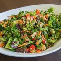 Kale Quinoa Chop · Spring Mix, Kale. Quinoa, Cucumbers, Carrots, Tomatoes, Red Onions, Red Peppers, Garbanzo Be...