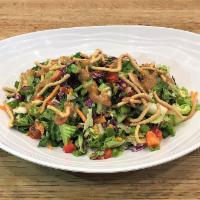 Asian Chicken Chop · Romaine, Napa Cabbage, Red Cabbage. Shredded Carrots, Green Onions, Red Peppers, Edamame, Ch...