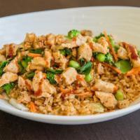 Spicy Teriyaki Chicken Bowl · Cilantro Brown Rice, Napa Cabbage. Steamed Carrots, Green Onions, Broccoli, Edamame. Honey-C...
