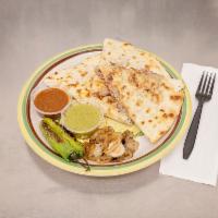 GRILLED CHICKEN QUESADILLA · Fresh grilled chicken and Monterey Jack cheese on a flour tortilla onion and cilantro and ur...