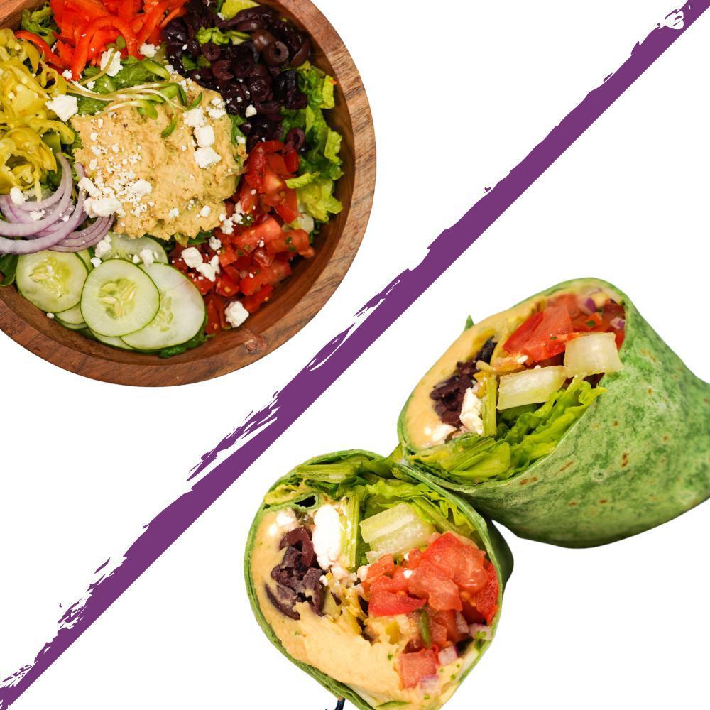 Greek · Wrap or Salad, Hummus, Romaine, Cucumber, Red Pepper, Red Onion, Pepperochini, Kalamata Olives, Feta Cheese, Pico De Gallo, Served with Citrus Vinaigrette Dressing

(If you wish to remove an ingredient from the item description, please select in the NO OPTIONS section)