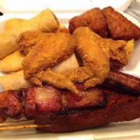 14. Pu Pu Platter · 2 chicken wings, 2 BBQ spare ribs, 2 cheese wonton, 2 chicken teriyaki, 2 egg rolls and chic...