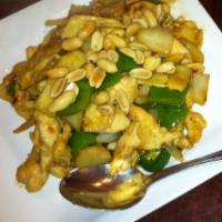 Kung Pao Spiced Chicken · A szechuan-inspired dish with chicken, peanuts and vegetables in spicy chili sauce. Spicy.