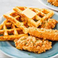 Chicken ＆ Waffles w/ 2 sides · Crispy fried chicken and waffles with maple syrup and butter