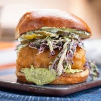 Beer Battered Cod Sandwich · beer battered north atlantic cod, slaw, red and white cabbage, lemon herb aioli, brioche bun