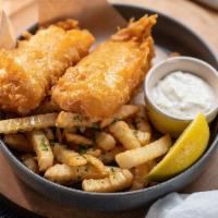Two Pieces of Fried Cod + Fries · two pieces of our famous ale-battered Pacific cod + crispy french fries served with tartar s...