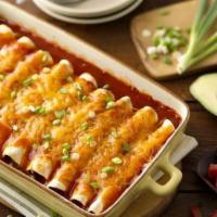 Enchilada Platter · Choice of cheese, chicken, or beef barbaboa, includes: rice, beans, salsa, sour cream, guaca...