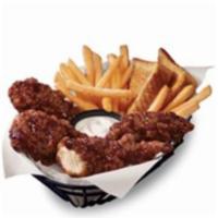 Chicken Strip Basket · 100% all-white-meat tenderloin chicken strips tossed in a honey BBQ glaze that has a sweet a...