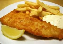 Fish and Chips · Beer battered cod fried to a holden brown served with fries and coleslaw.