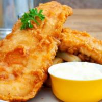 Fish and Chips · 1/2 lb. of golden crispy hand-battered premium Alaskan pollock with french fries and our hou...