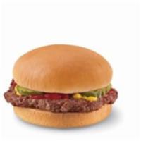 Cheeseburger Kids Meal · One 100% beef patty, topped with melted cheese, pickles, ketchup and mustard served on a war...