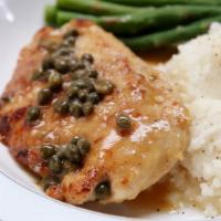 Pollo Piccata · Chicken sauteed with capers and served in a silky lemon-butter sauce. Served with mashed pot...