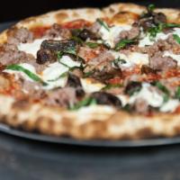 Pecorino Pizza · Sweet sausage, broccoli rapini, tomato sauce, mozzarella, and Romano cheese.