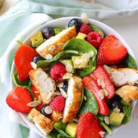 Mixed Berry Chicken Salad · Marinated grilled chicken breast with mixed field greens, candied walnuts, Gorgonzola cheese...